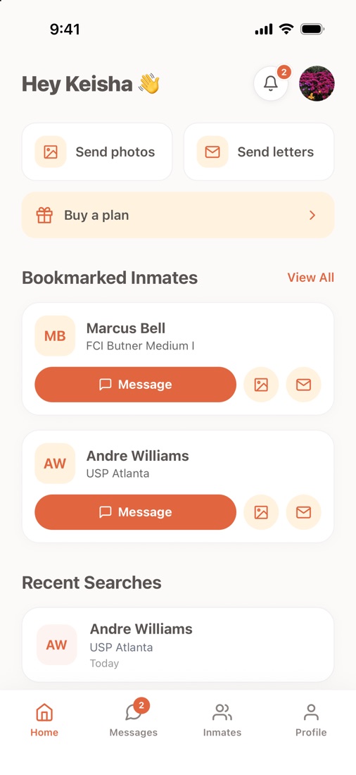 The InmateDB app home screen with bookmarked inmates