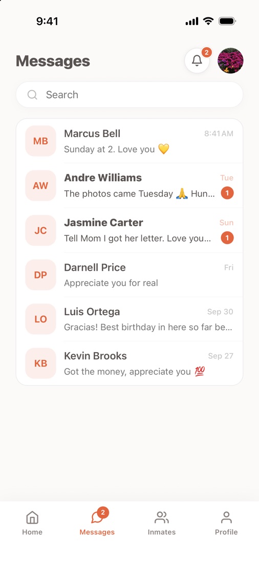 The InmateDB messages inbox